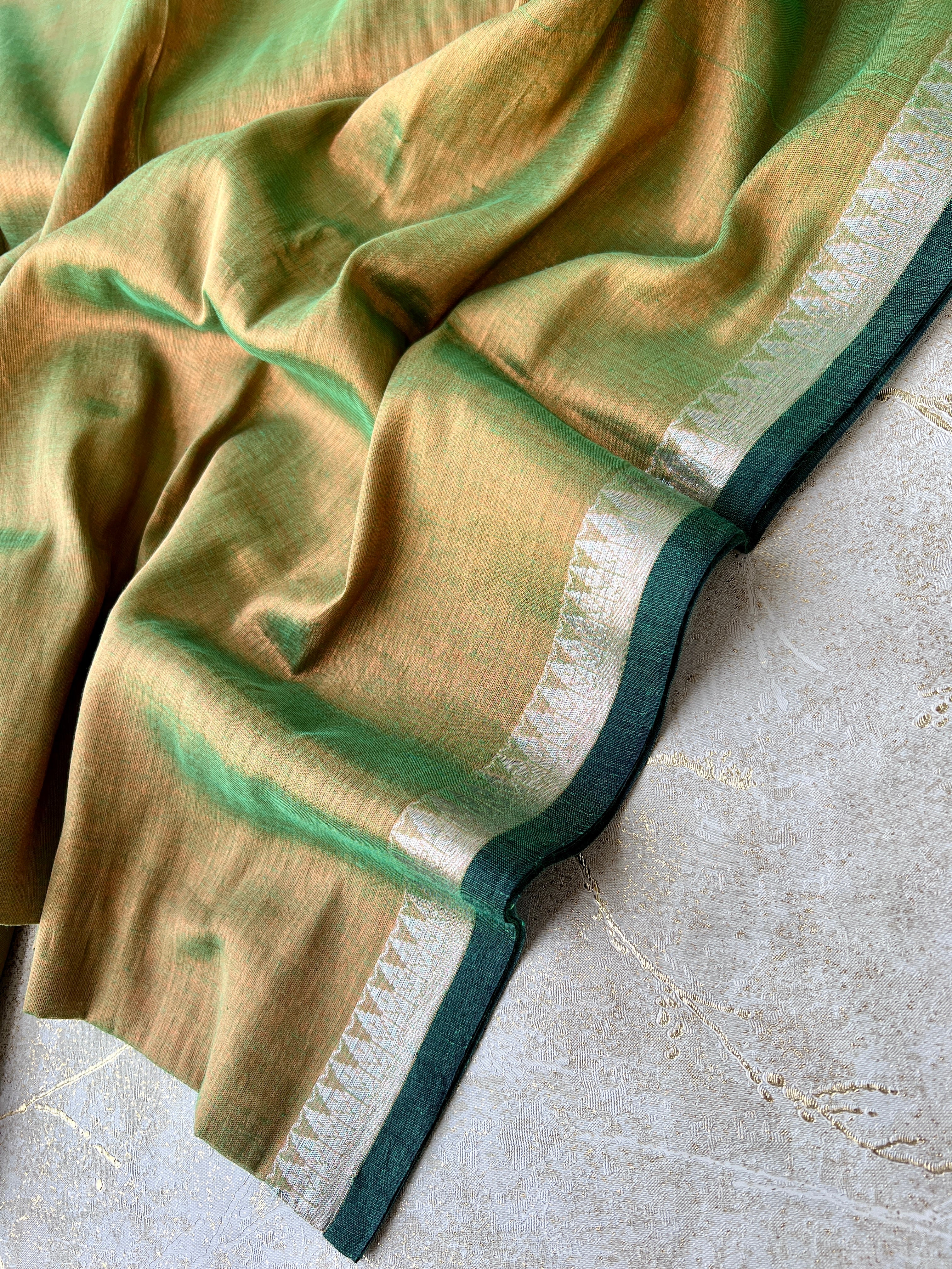 Handwoven Tissue Cotton Saree - Green + Copper