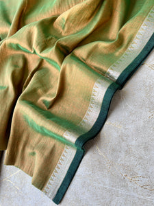 Handwoven Tissue Cotton Saree - Green + Copper