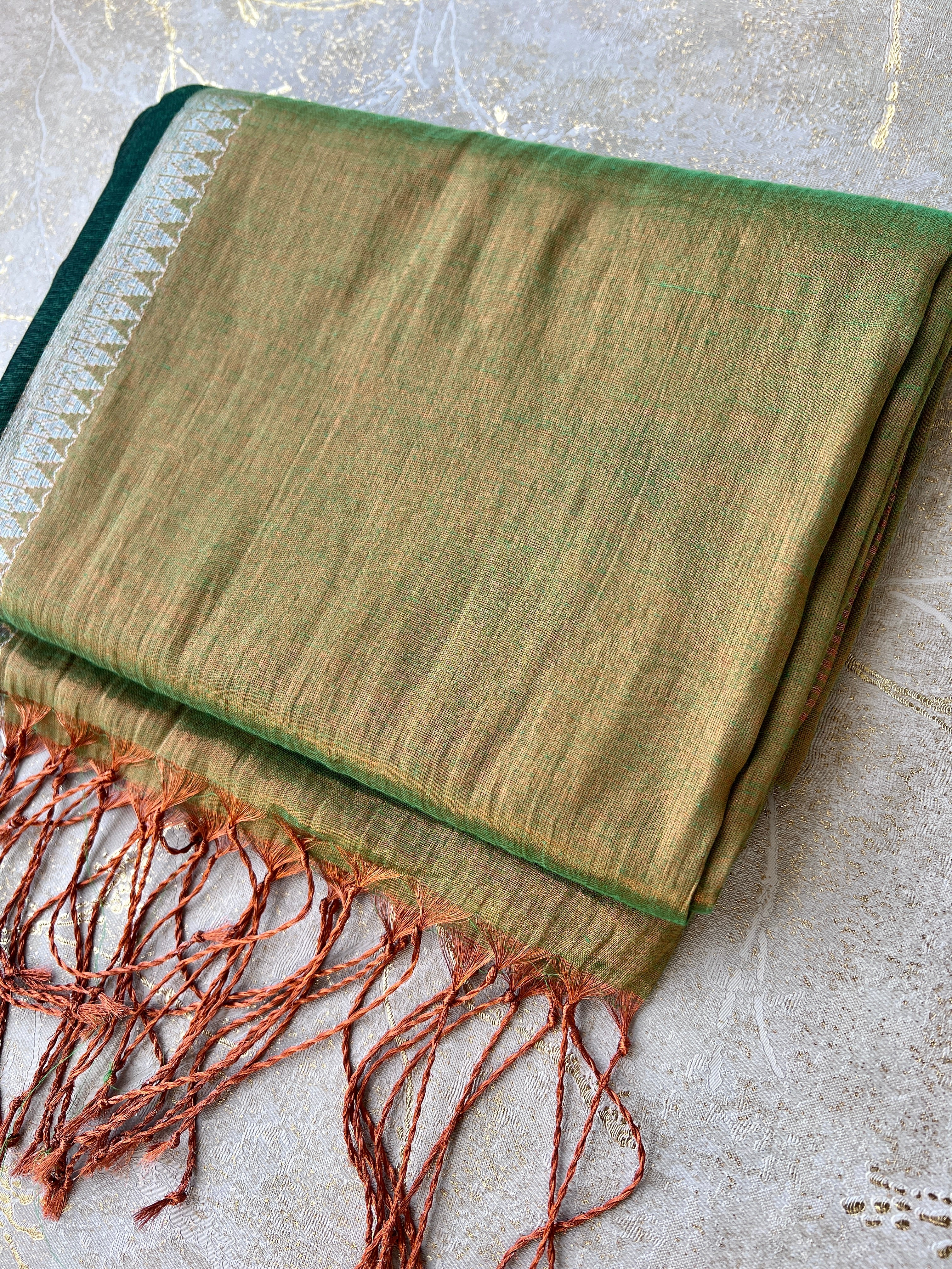 Handwoven Tissue Cotton Saree - Green + Copper