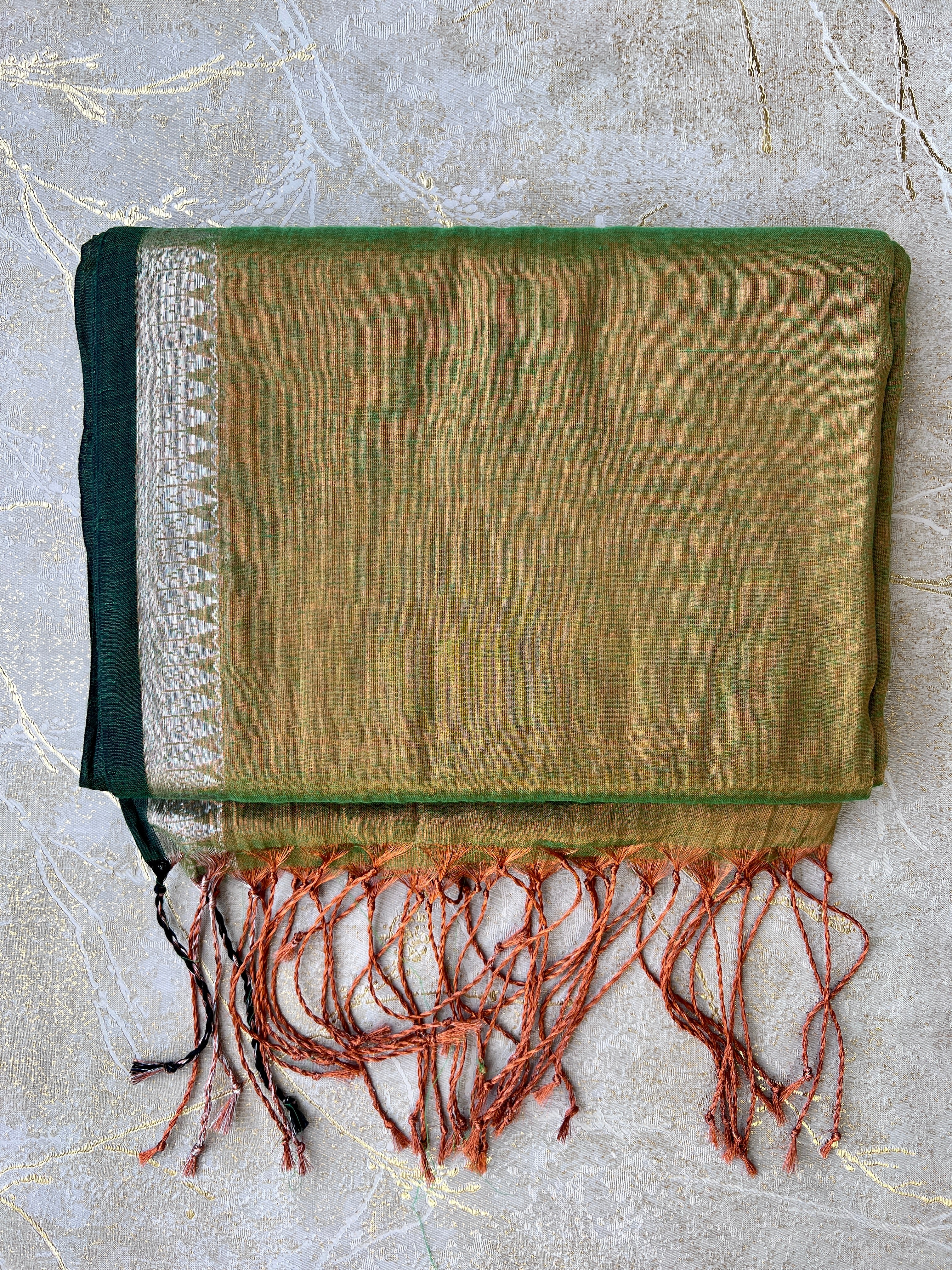 Handwoven Tissue Cotton Saree - Green + Copper