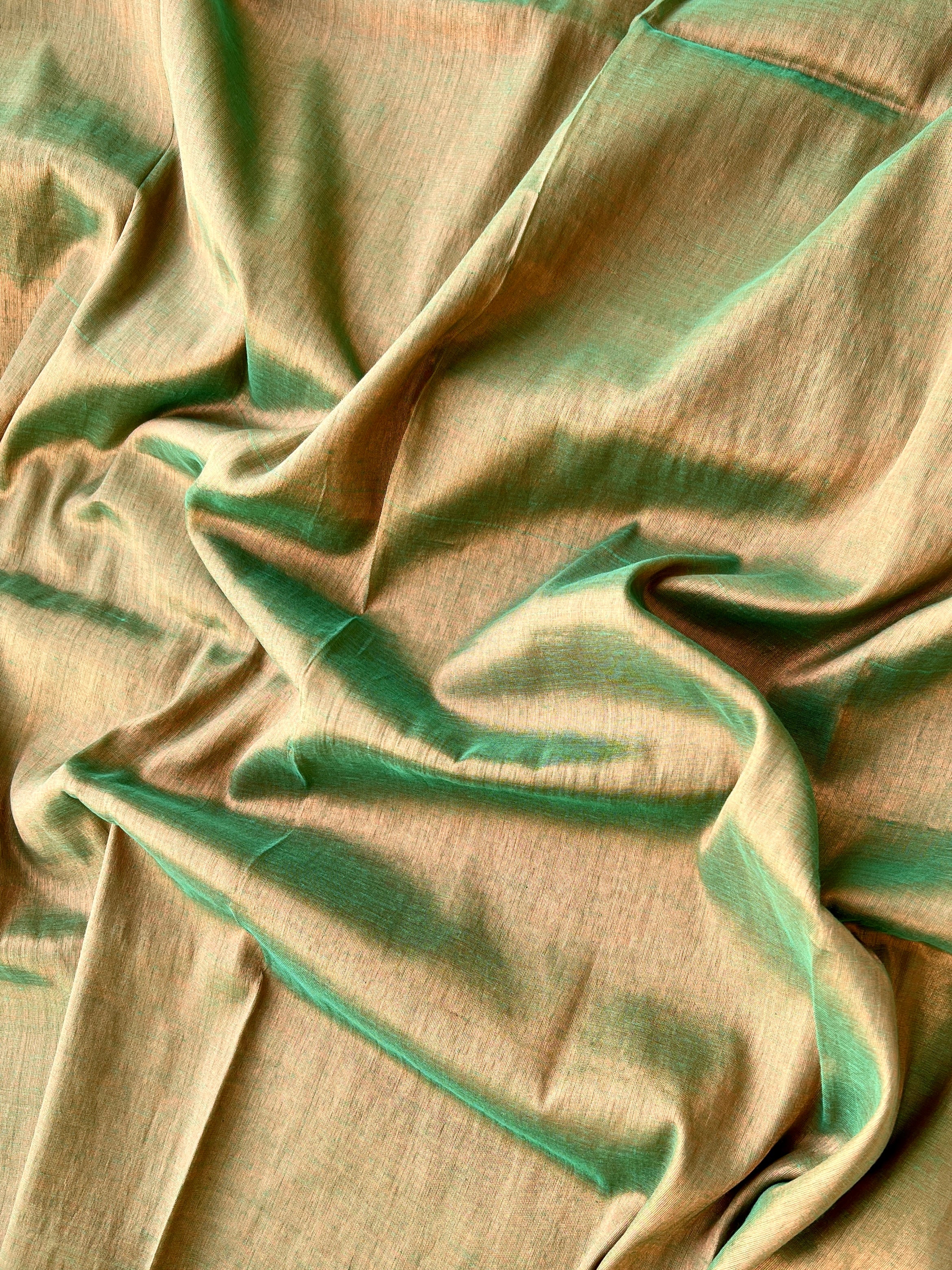 Handwoven Tissue Cotton Saree - Green + Copper