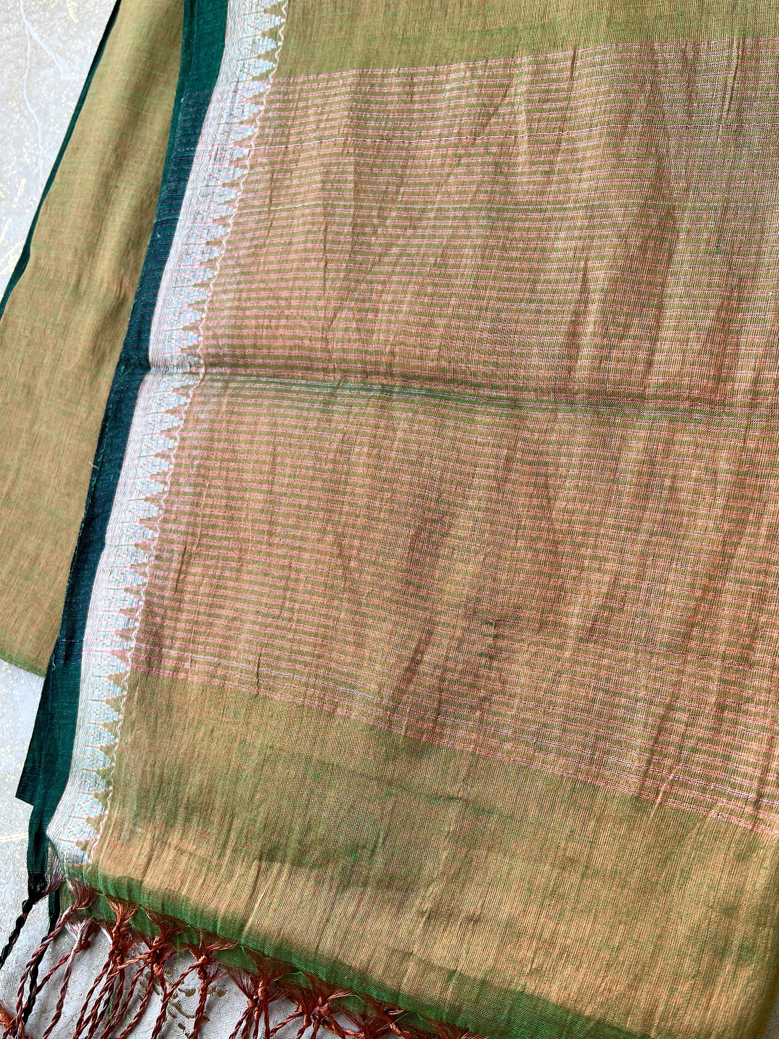Handwoven Tissue Cotton Saree - Green + Copper