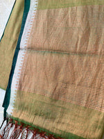 Load image into Gallery viewer, Handwoven Tissue Cotton Saree - Green + Copper
