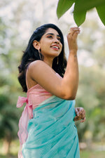 Load image into Gallery viewer, Handwoven Silk Cotton Saree - Misty teal + Pale pink
