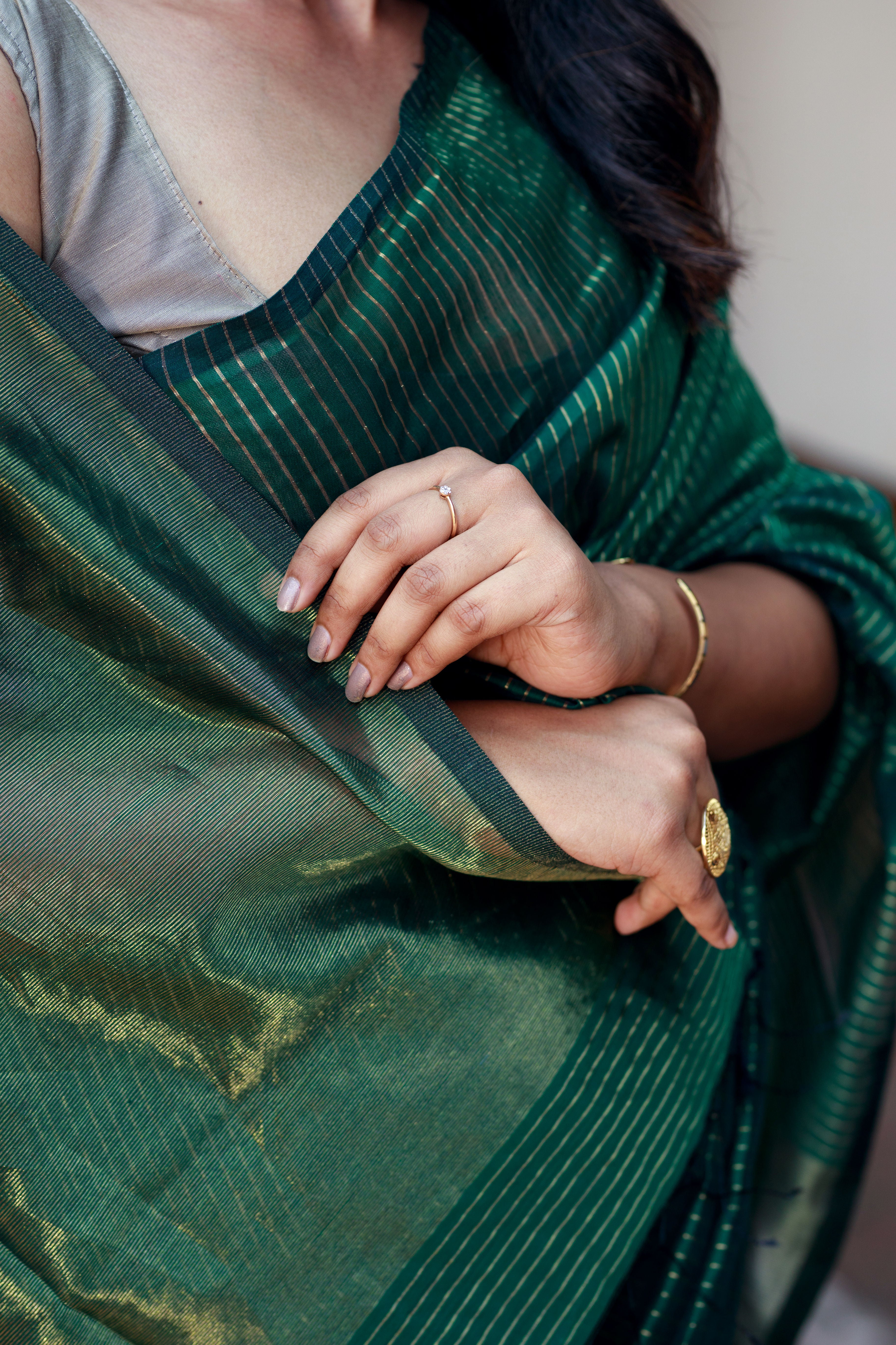 Handwoven Silk Cotton Saree -  Bottle green + Pale olive