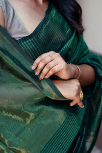 Handwoven Silk Cotton Saree -  Bottle green + Pale olive