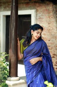 Handwoven Silk Cotton Saree - Royal blue + Lively lime