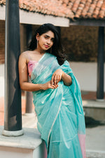 Load image into Gallery viewer, Handwoven Silk Cotton Saree - Misty teal + Pale pink
