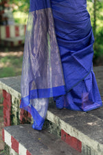 Load image into Gallery viewer, Handwoven Silk Cotton Saree - Royal blue + Lively lime
