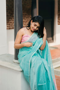 Handwoven Silk Cotton Saree - Misty teal + Pale pink