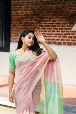 Load image into Gallery viewer, Handwoven Silk Cotton Saree - Onion pink + Mint green
