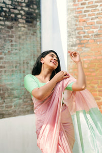 Handwoven Silk Cotton Saree - Onion pink + Mint green