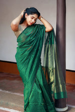 Load image into Gallery viewer, Handwoven Silk Cotton Saree -  Bottle green + Pale olive
