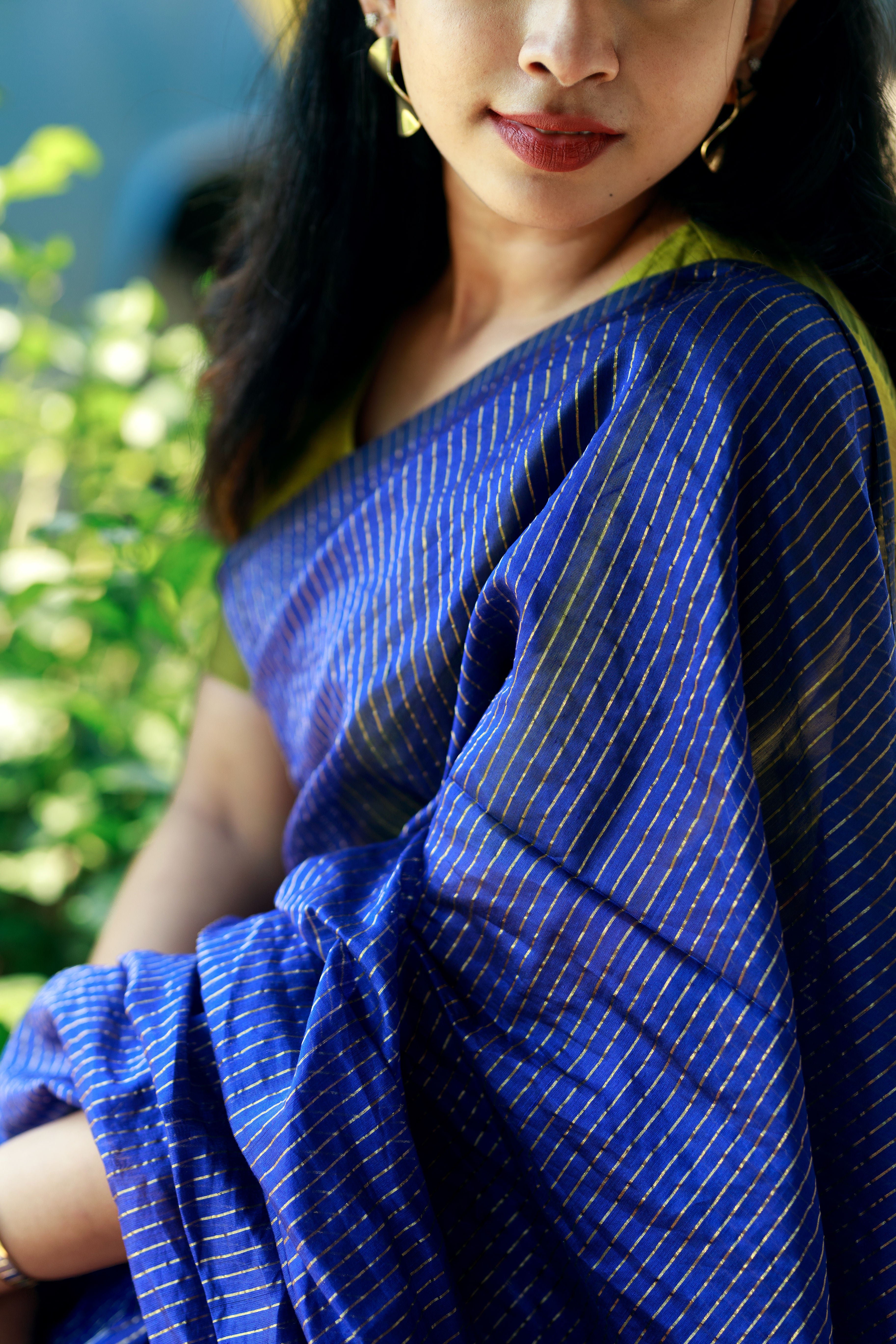 Handwoven Silk Cotton Saree - Royal blue + Lively lime