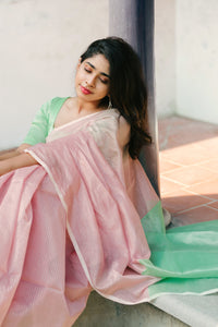 Handwoven Silk Cotton Saree - Onion pink + Mint green