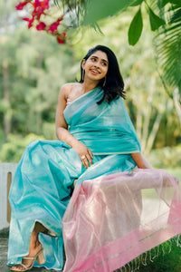 Handwoven Silk Cotton Saree - Misty teal + Pale pink