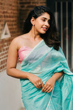 Load image into Gallery viewer, Handwoven Silk Cotton Saree - Misty teal + Pale pink
