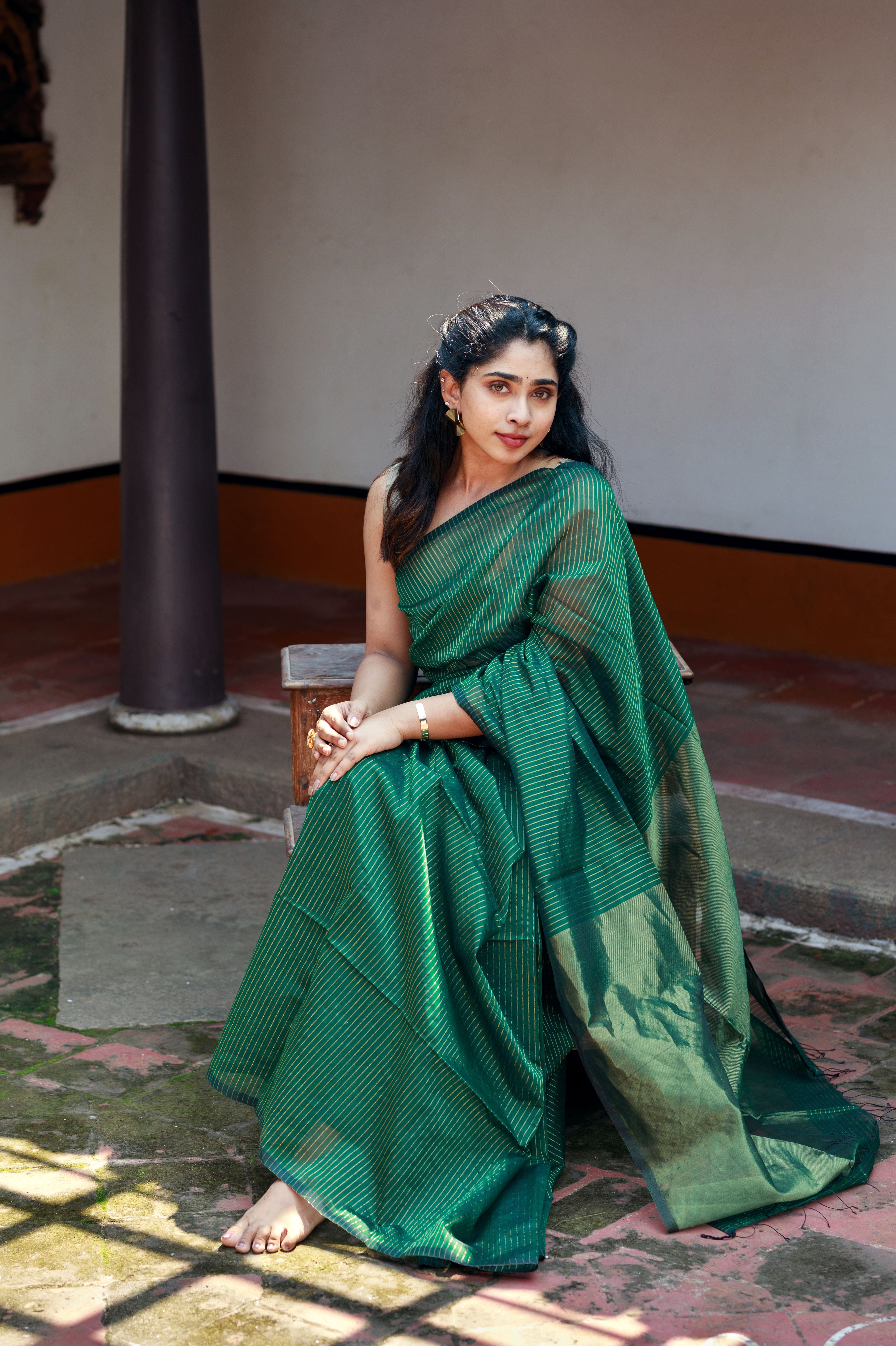 Handwoven Silk Cotton Saree -  Bottle green + Pale olive