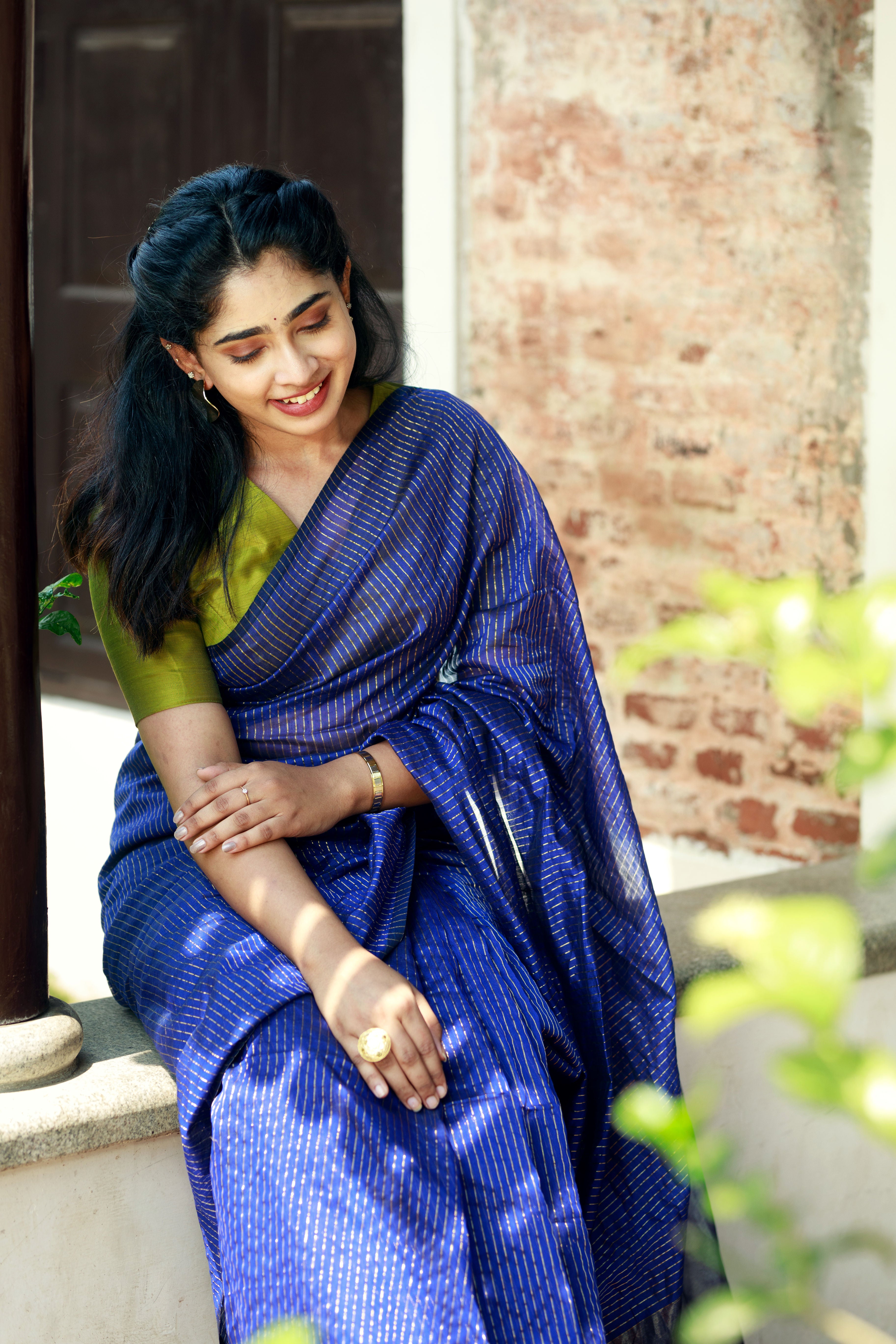 Handwoven Silk Cotton Saree - Royal blue + Lively lime