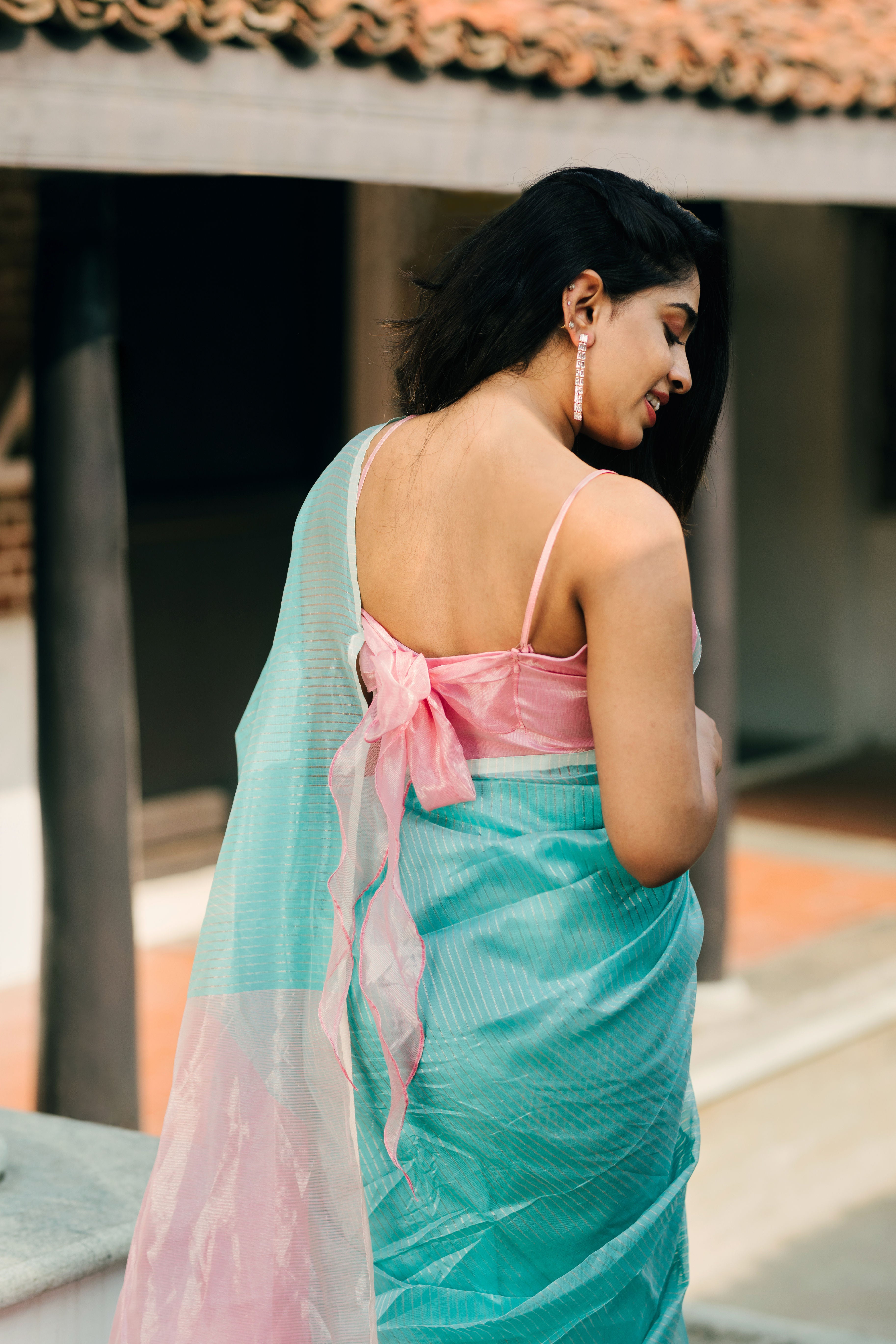 Handwoven Silk Cotton Saree - Misty teal + Pale pink