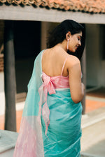 Load image into Gallery viewer, Handwoven Silk Cotton Saree - Misty teal + Pale pink
