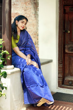 Load image into Gallery viewer, Handwoven Silk Cotton Saree - Royal blue + Lively lime
