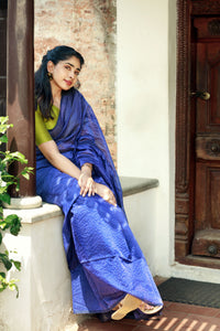 Handwoven Silk Cotton Saree - Royal blue + Lively lime