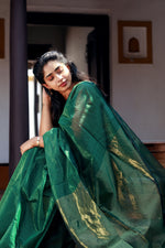 Load image into Gallery viewer, Handwoven Silk Cotton Saree -  Bottle green + Pale olive
