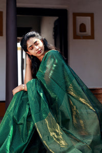 Handwoven Silk Cotton Saree -  Bottle green + Pale olive