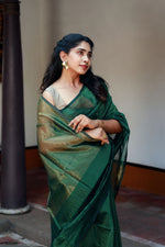 Load image into Gallery viewer, Handwoven Silk Cotton Saree -  Bottle green + Pale olive
