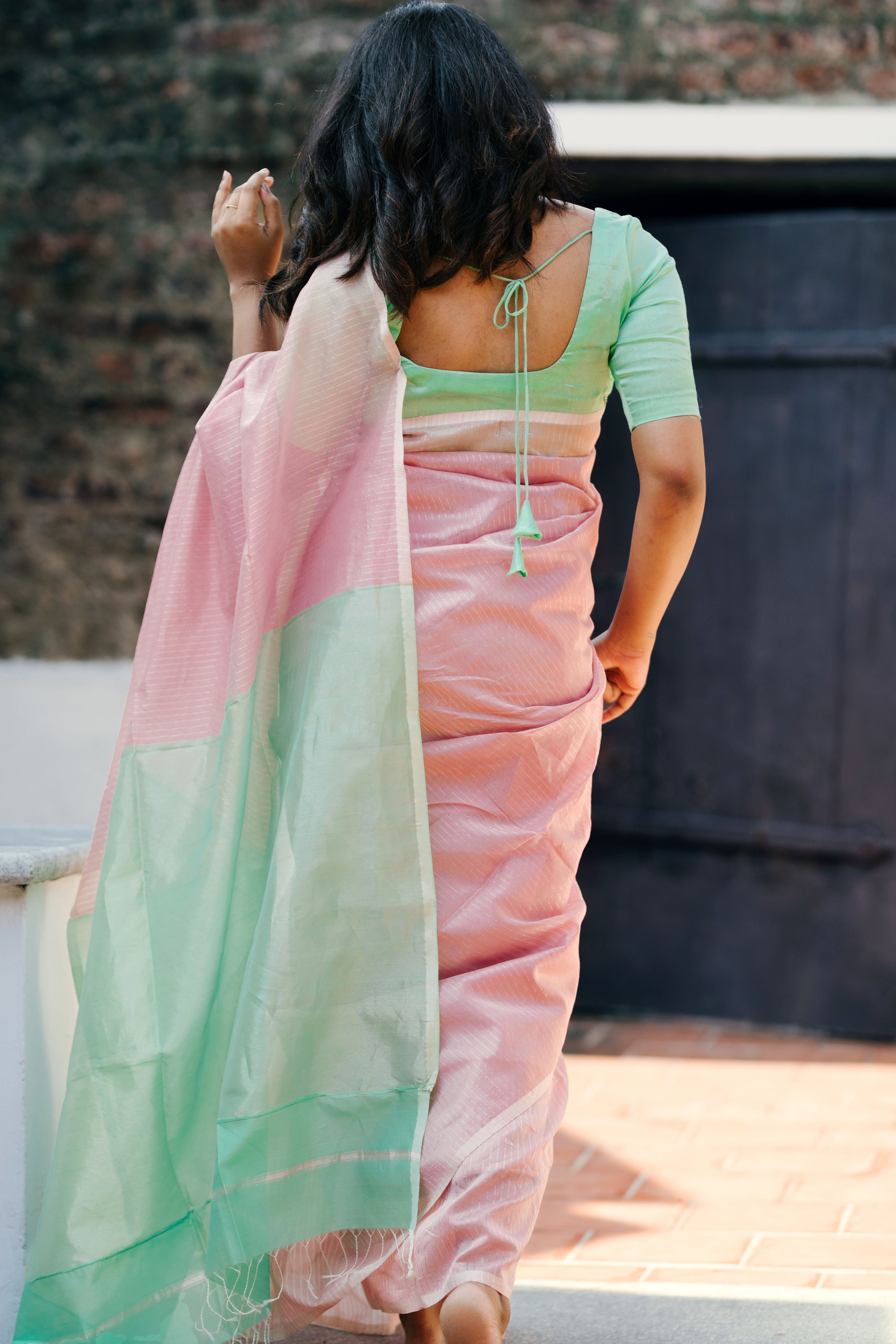 Handwoven Silk Cotton Saree - Onion pink + Mint green