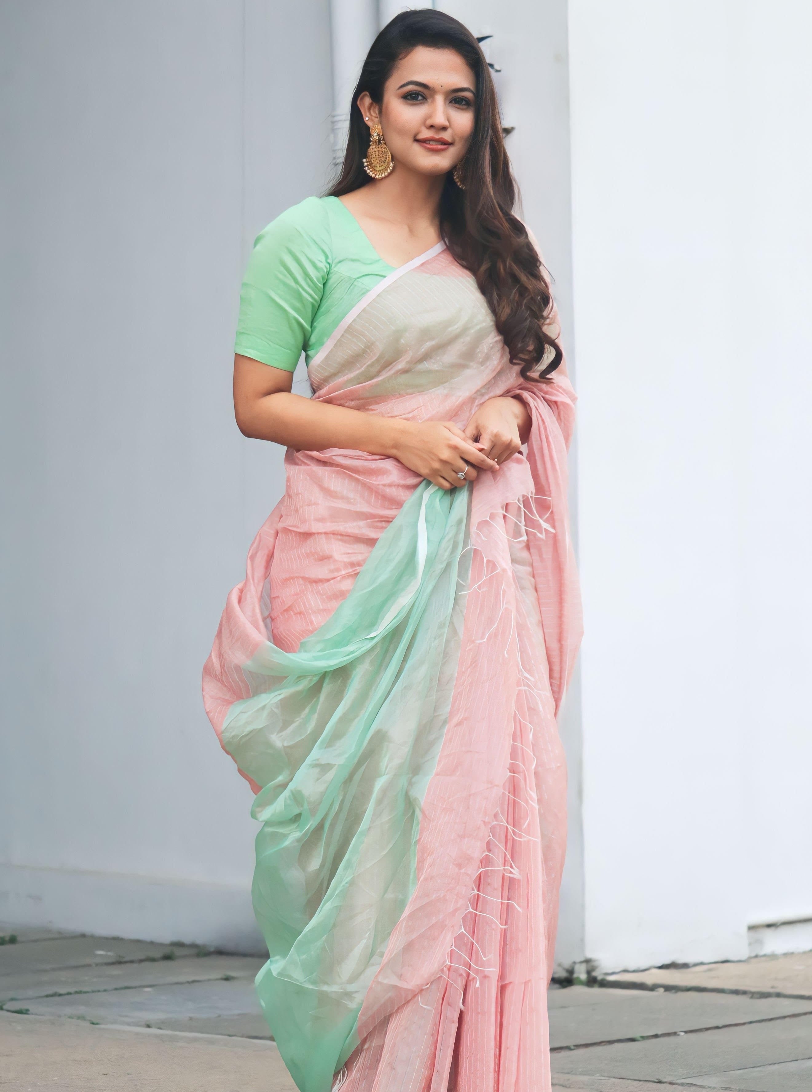 Onion pink embroidered silk saree with blouse - Lilots - 4134235